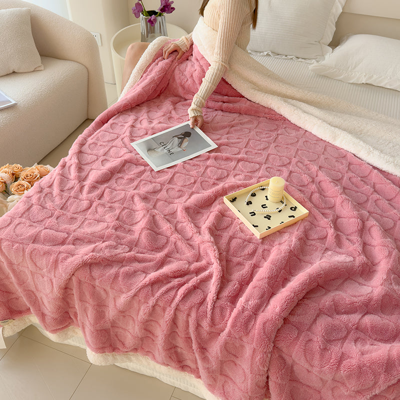 Double-layered thick wool blanket, heart-shaped design, king size, available in 4 colors: yellow, sky blue, cream, and pink.